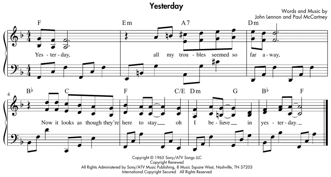 Sheet music: "Yesterday" (Beatles) melody with 6ths and 3rds added below