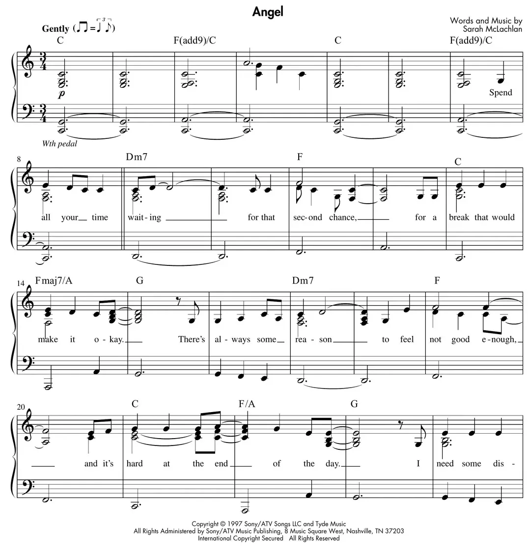 Sheet music: "Angel" (Sarah McLachlan) in 3/4 with right-hand triads