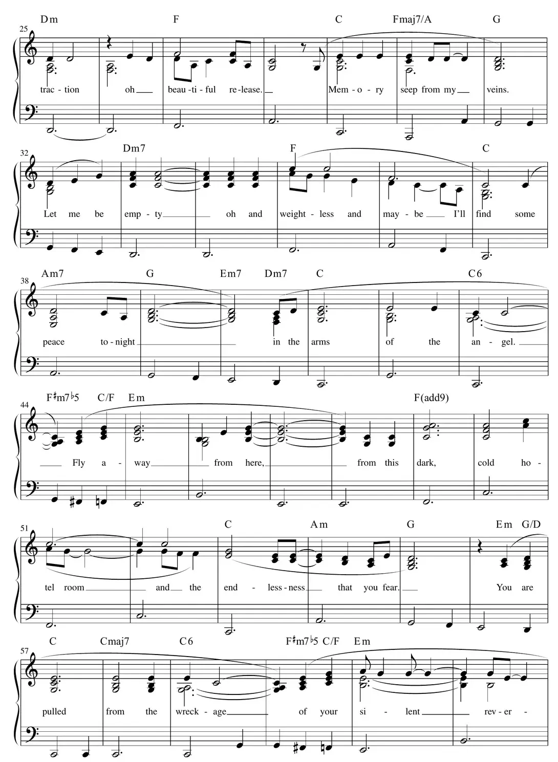 Sheet music: continuation of the "Angel" arrangement with left-hand walkdowns