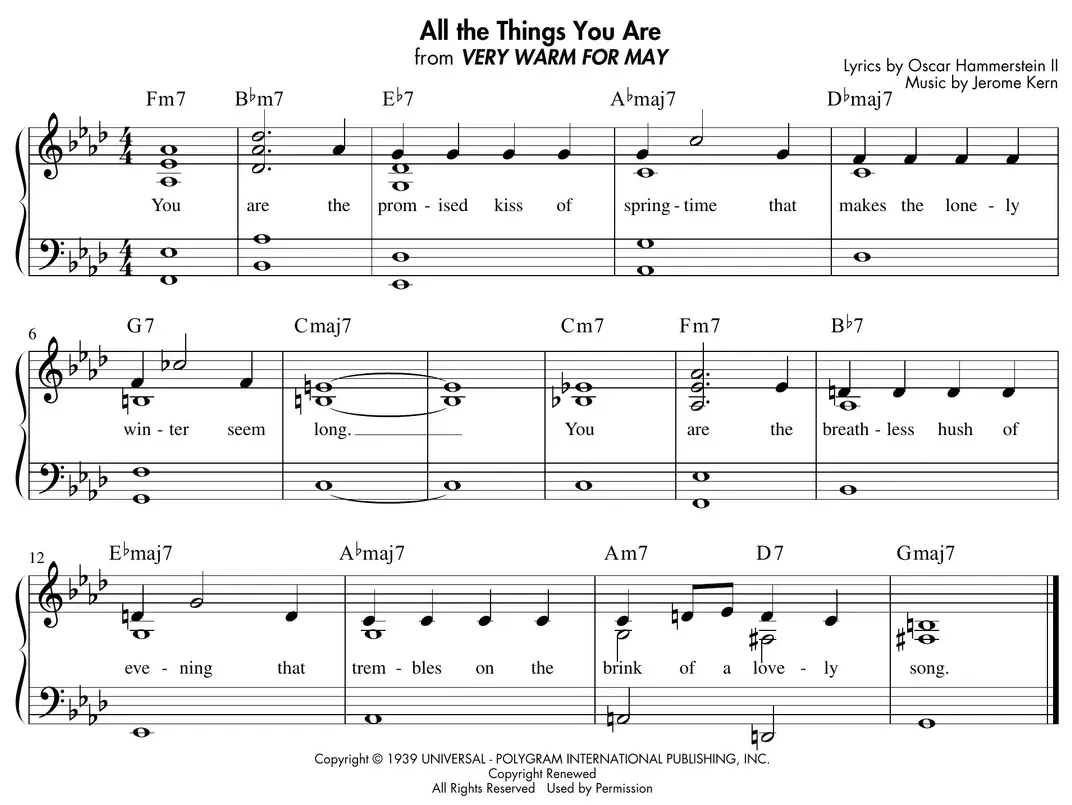 Sheet music: "All the Things You Are" excerpt using jazz 7-3 voicings below the melody