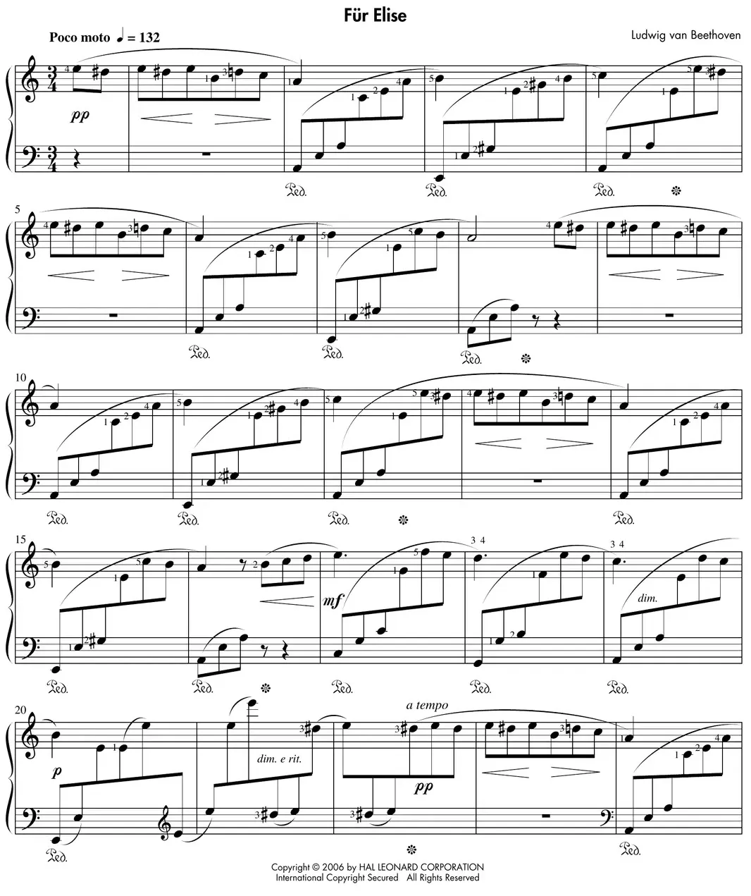 Sheet music: "Für Elise" (Beethoven) excerpt with dynamics, slurs, and pedaling