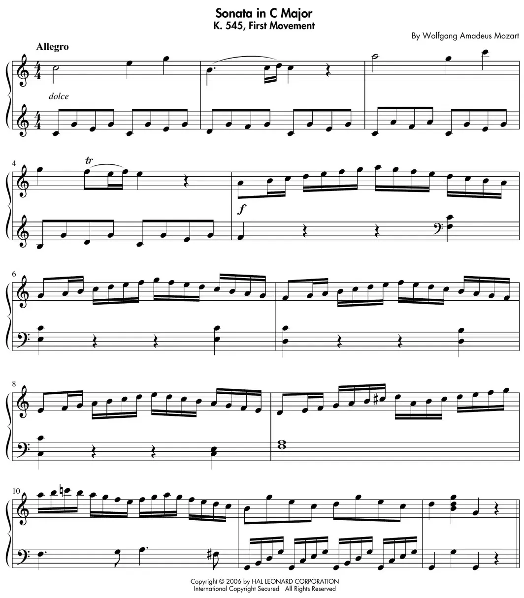 Sheet music: "Sonata in C Major" (Mozart) Allegro first-movement excerpt