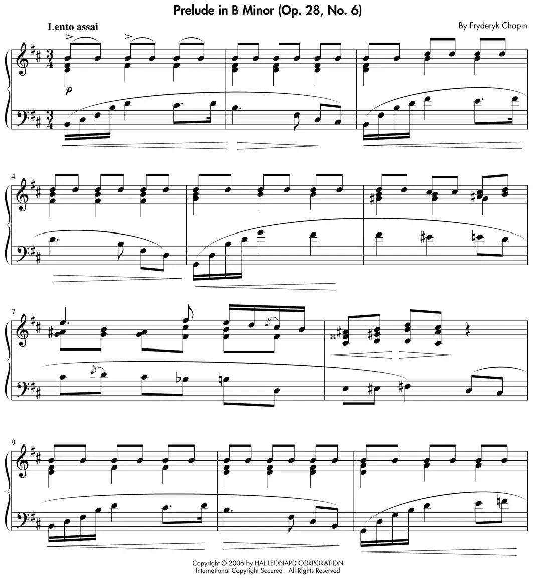 Sheet music: "Prelude in B Minor" (Chopin) with melody in the left hand