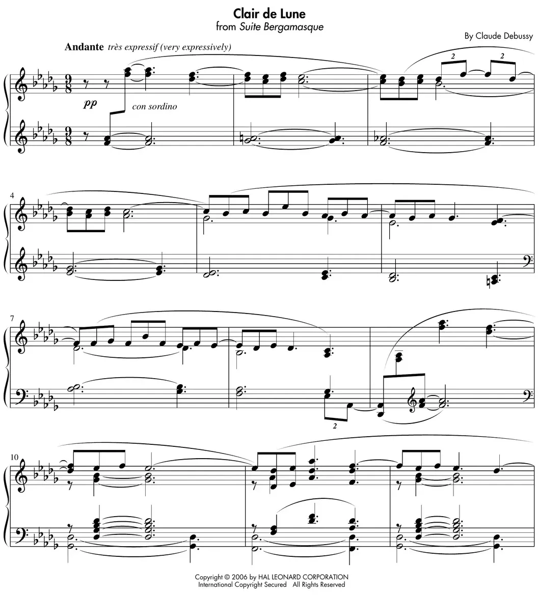 Sheet music: "Clair de Lune" (Debussy) impressionistic piece with rubato and pedaling