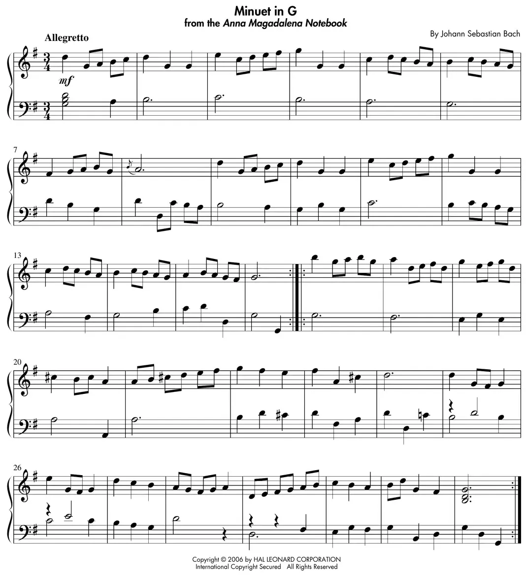 Sheet music: "Minuet in G" (Bach) right-hand melody over light left-hand harmony
