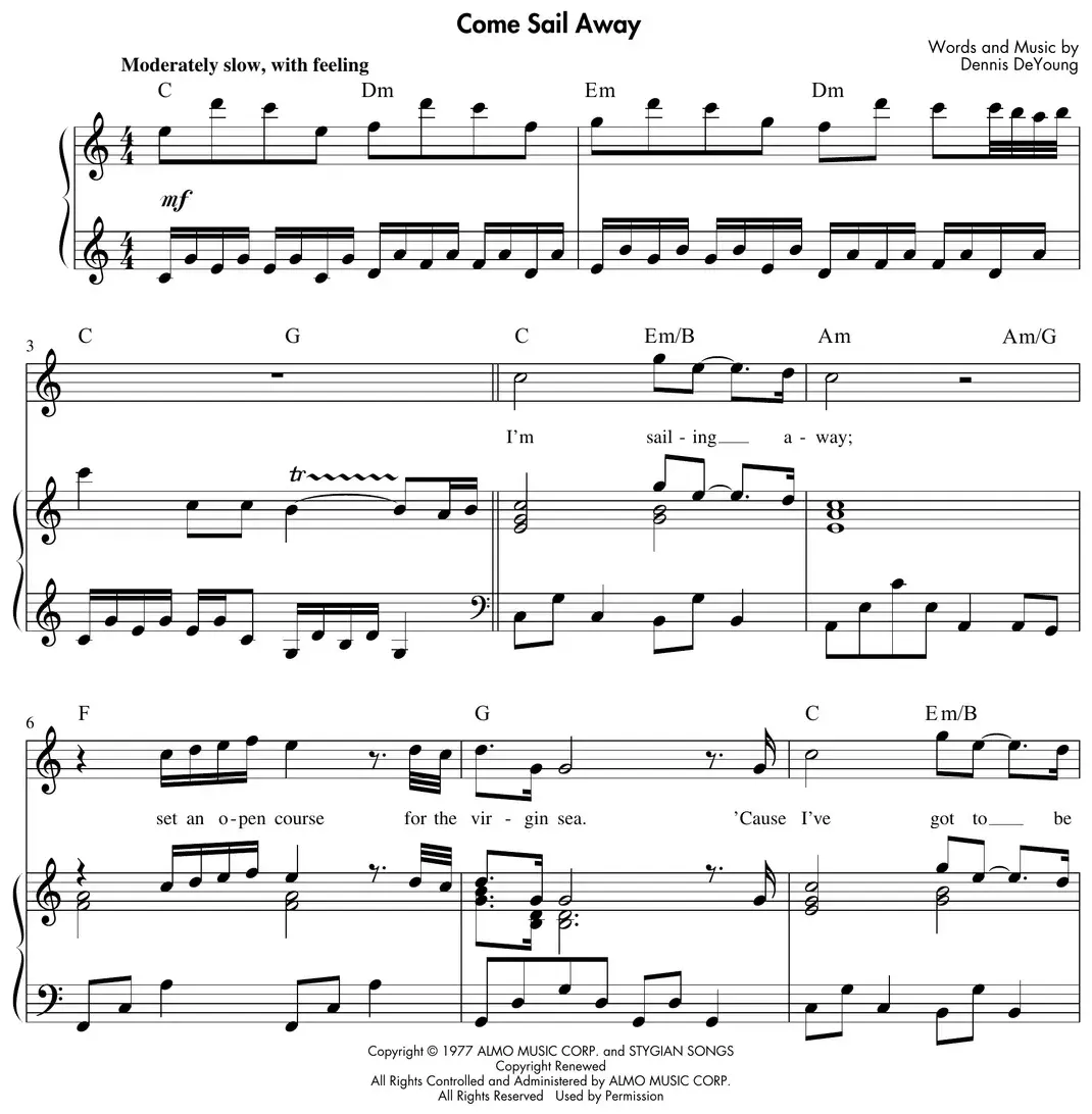 Sheet music: "Come Sail Away" (Styx) power ballad with Alberti bass intro