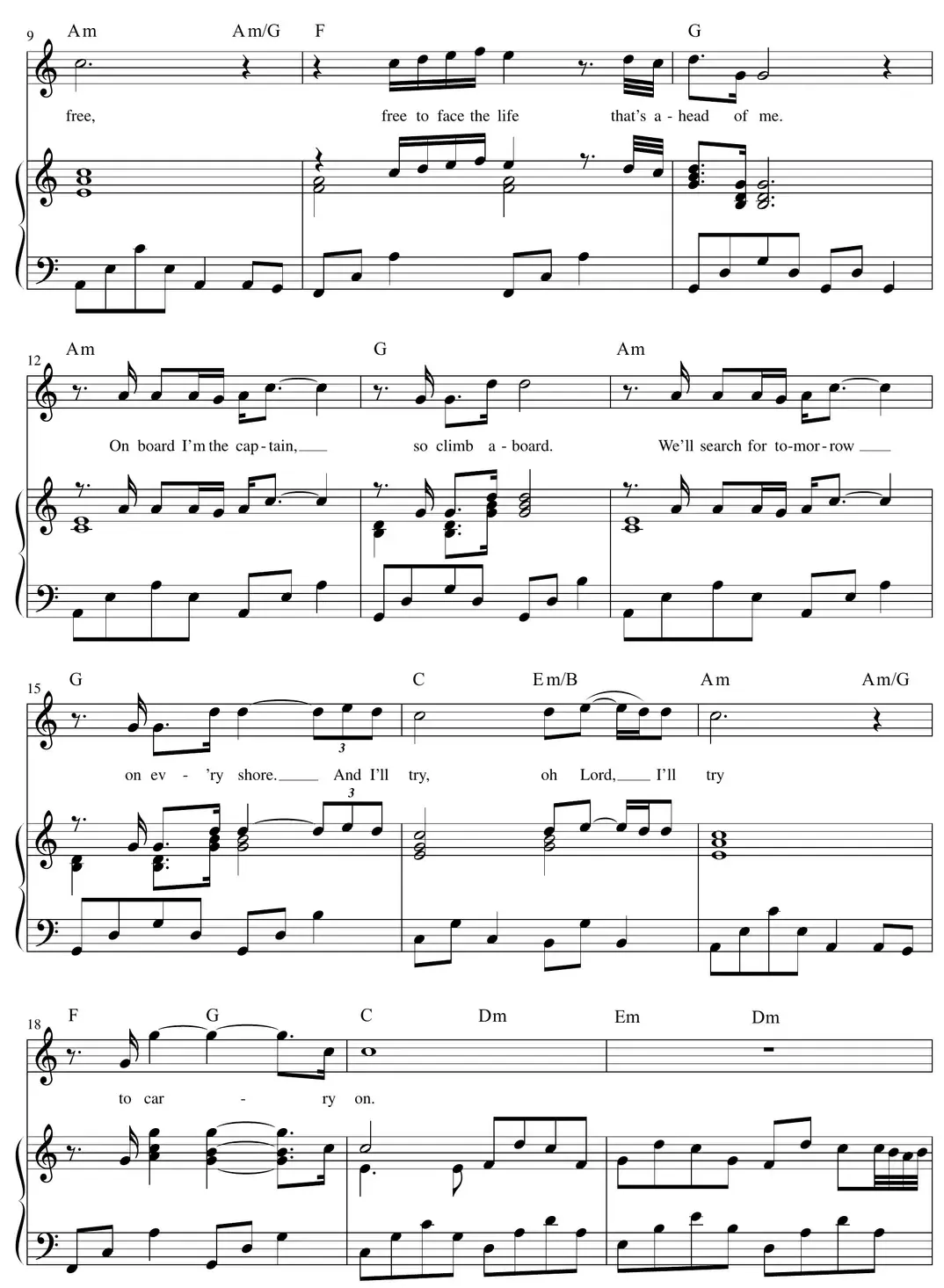 Sheet music: "Come Sail Away" (Styx) left-hand arpeggios and right-hand triads