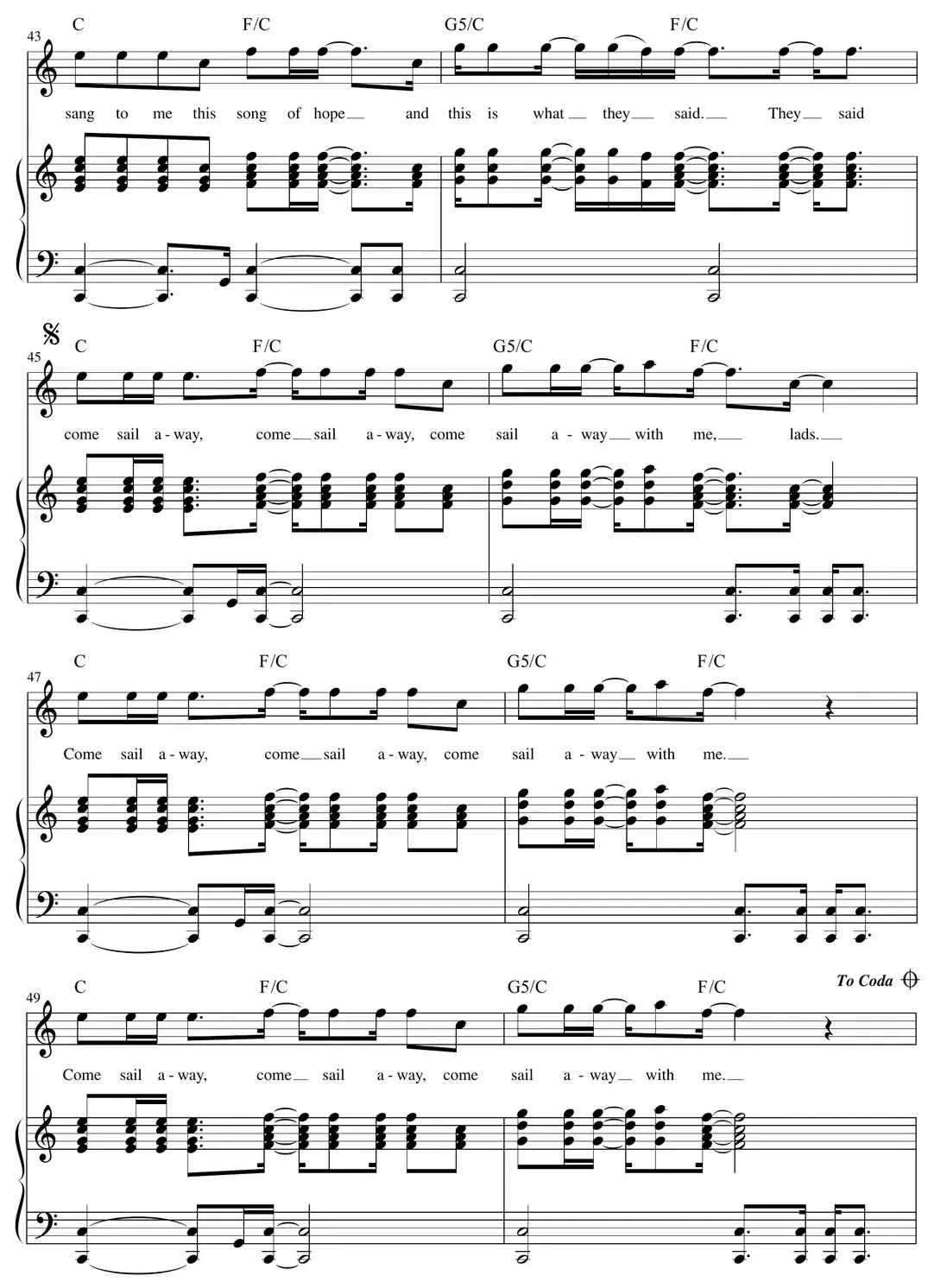 Sheet music: "Come Sail Away" (Styx) pop/rock piano arrangement continued