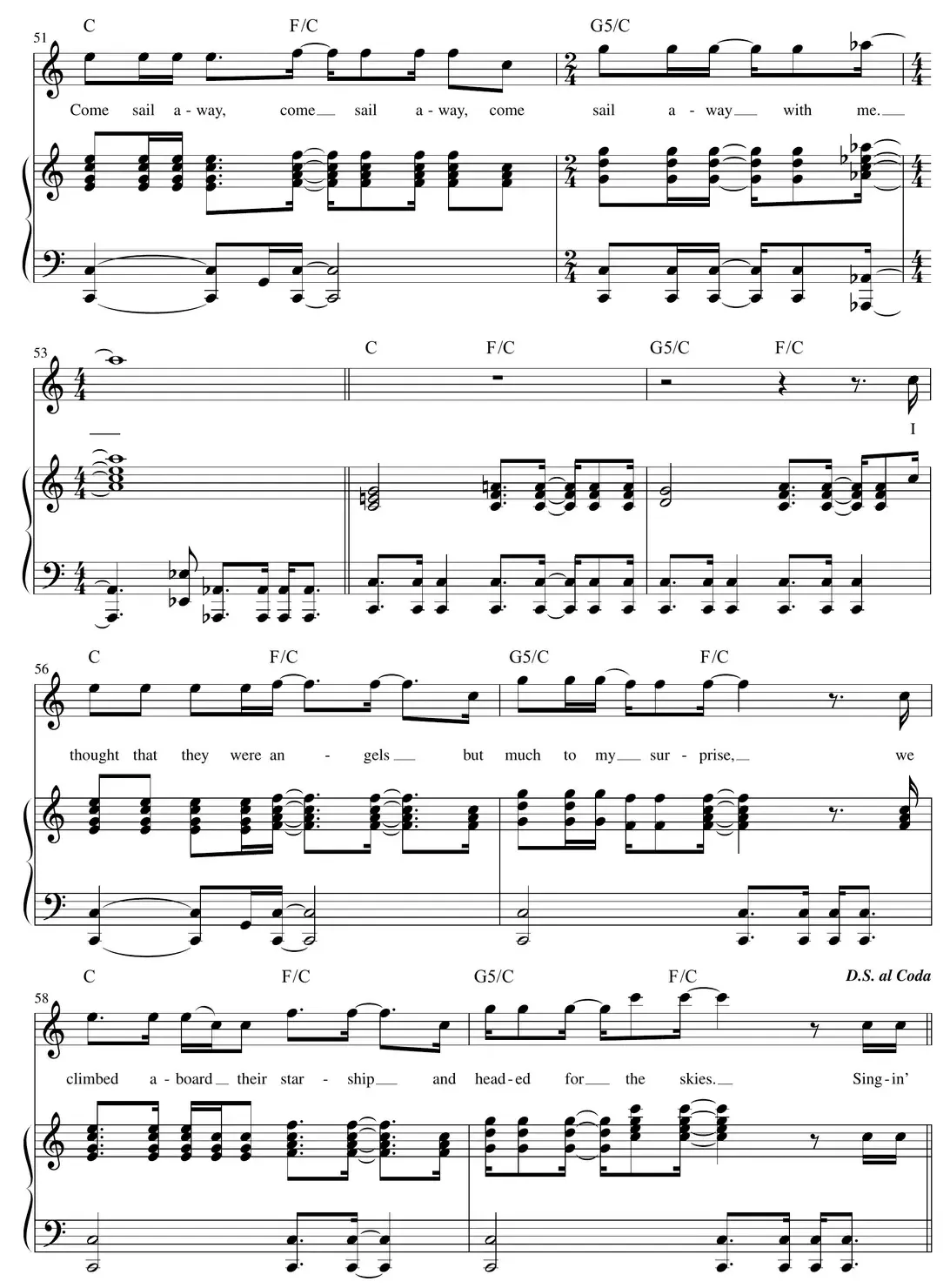 Sheet music: "Come Sail Away" (Styx) pop/rock piano arrangement continued