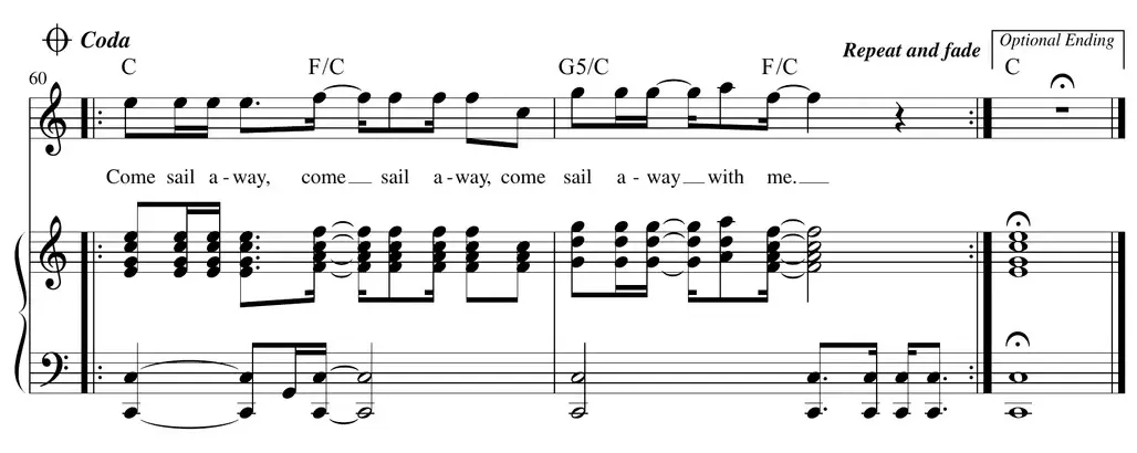 Sheet music: "Come Sail Away" (Styx) final pages of the arrangement