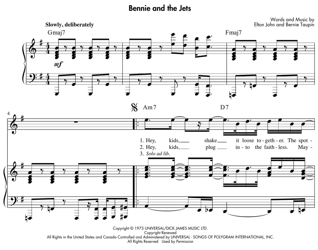 Sheet music: "Bennie and the Jets" (Elton John) with percussive staccato piano downbeats