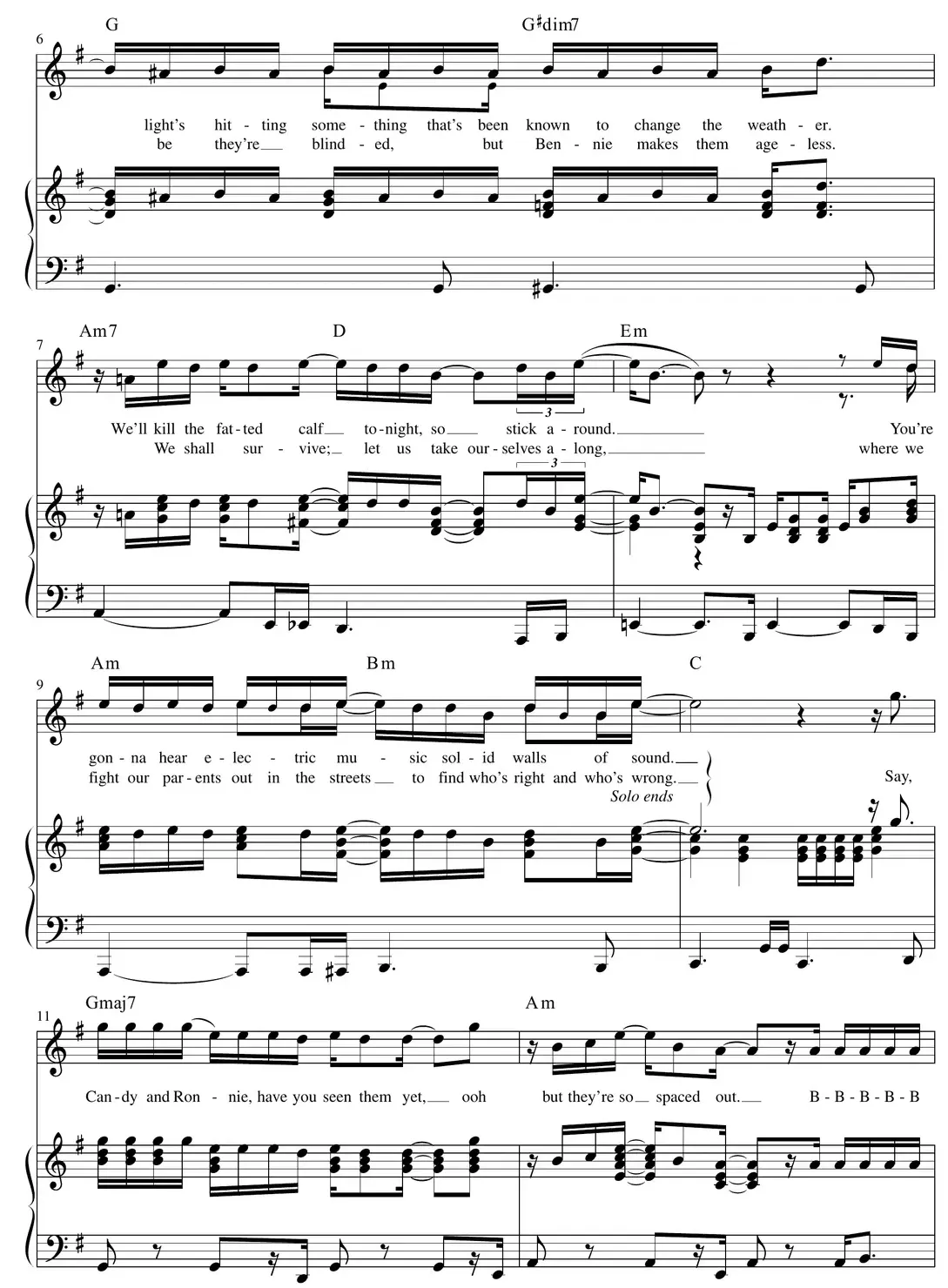 Sheet music: "Bennie and the Jets" (Elton John) honky-tonk-style verse