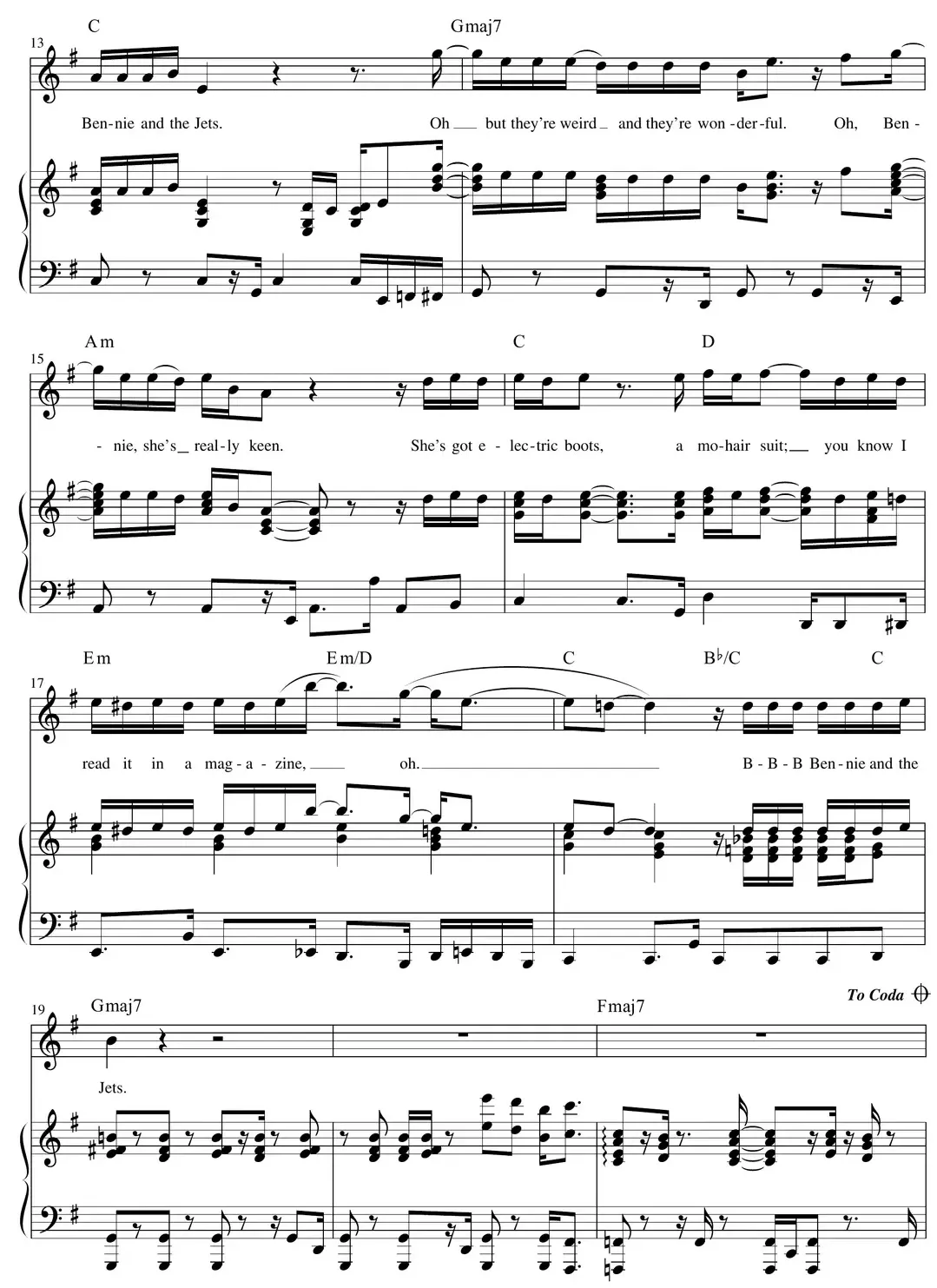 Sheet music: "Bennie and the Jets" (Elton John) arrangement continued