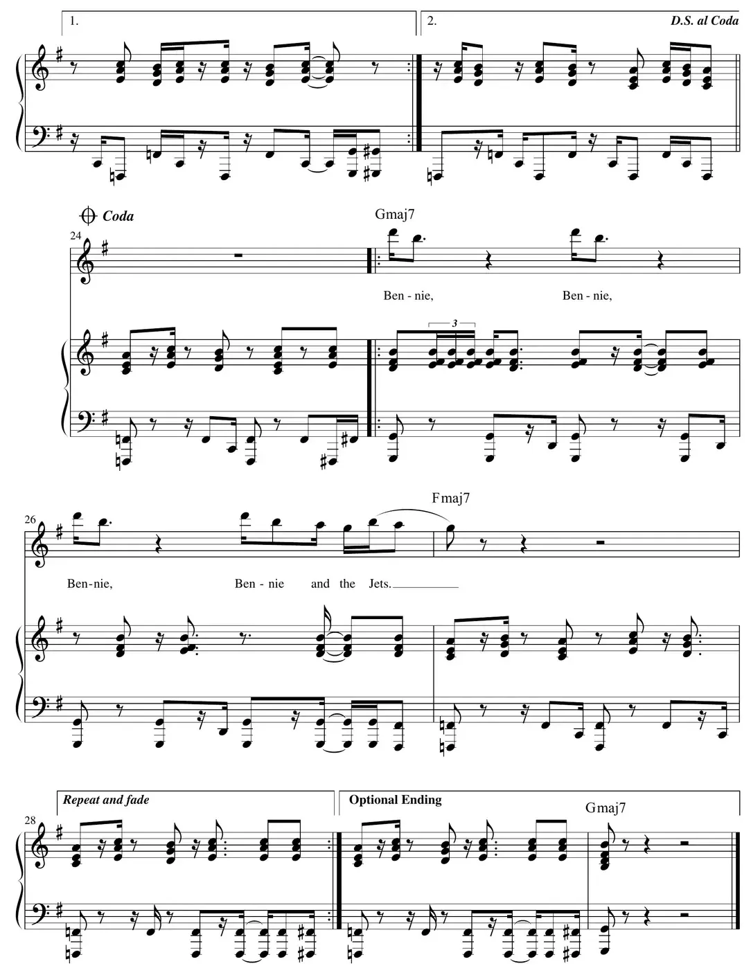 Sheet music: "Bennie and the Jets" (Elton John) arrangement continued