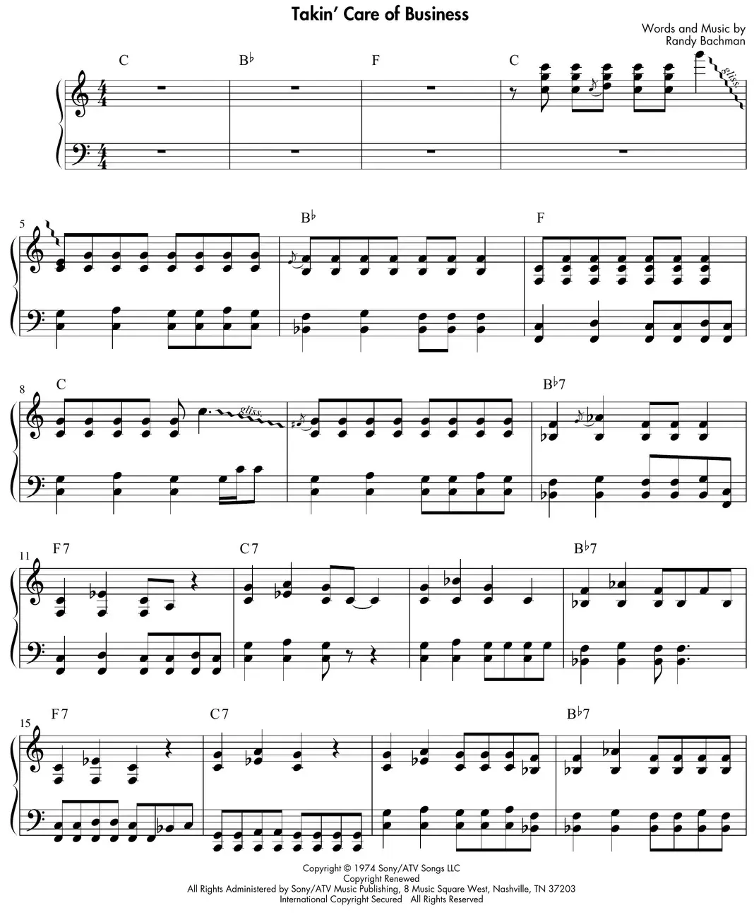 Sheet music: "Takin' Care of Business" (BTO) rock 'n' roll piano with root-5th left hand
