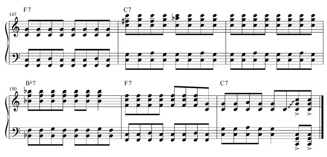 Sheet music: "Takin' Care of Business" (BTO) final page of the arrangement