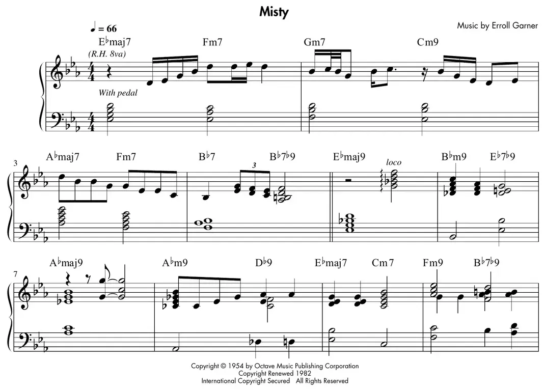 Sheet music: "Misty" (Garner/Burke) jazz trio version with piano comping