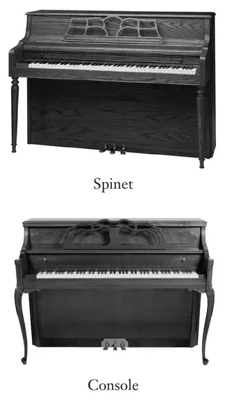 Photo: vertical upright pianos compared by size, spinet to upright