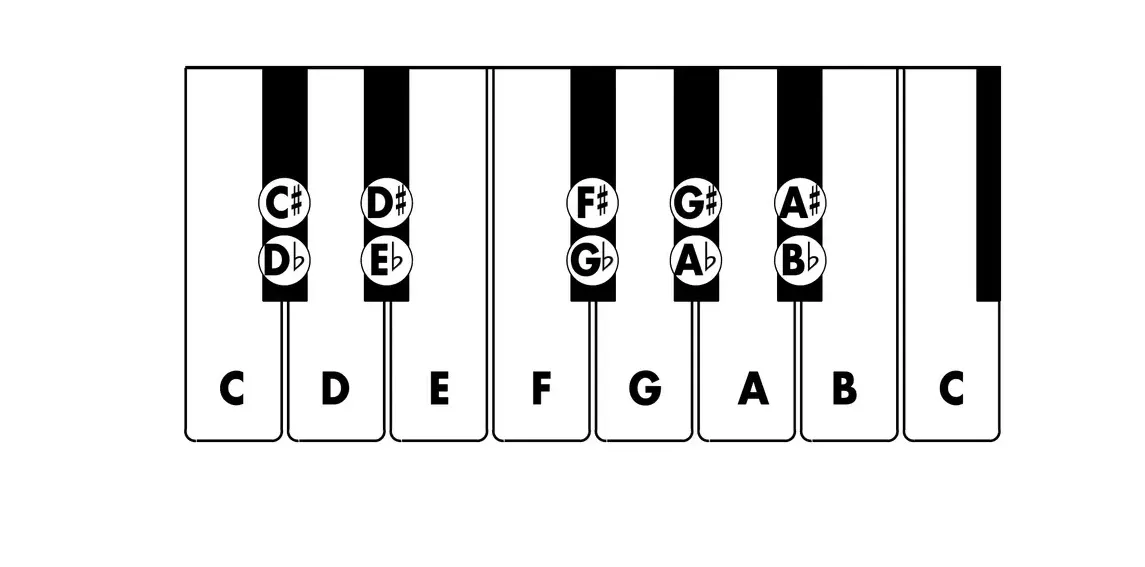 Diagram: piano keyboard with names of the white and black keys