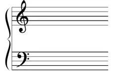 Diagram: the grand staff joining treble and bass clefs with a bracket