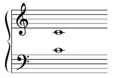 Diagram: middle C on a ledger line below the treble clef and above the bass clef