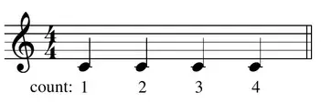 Sheet music: quarter notes, each lasting one beat with a filled notehead and stem