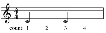 Sheet music: half notes, each lasting two beats with an empty notehead and stem