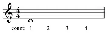 Sheet music: a whole note, lasting four beats with an empty notehead and no stem