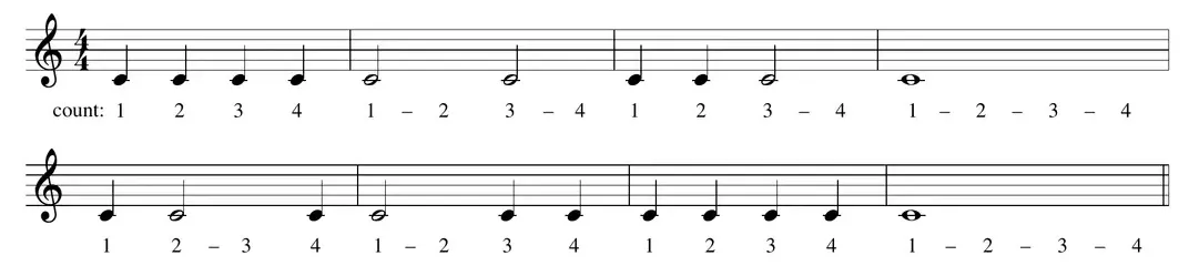 Sheet music: a 4/4 example mixing quarter, half, and whole notes with beat counting