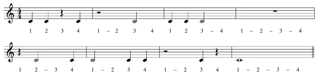 Sheet music: middle C exercise combining notes and rests in 4/4 time