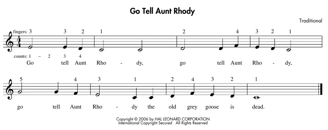 Sheet music: "Go Tell Aunt Rhody" in right-hand C Position with fingerings