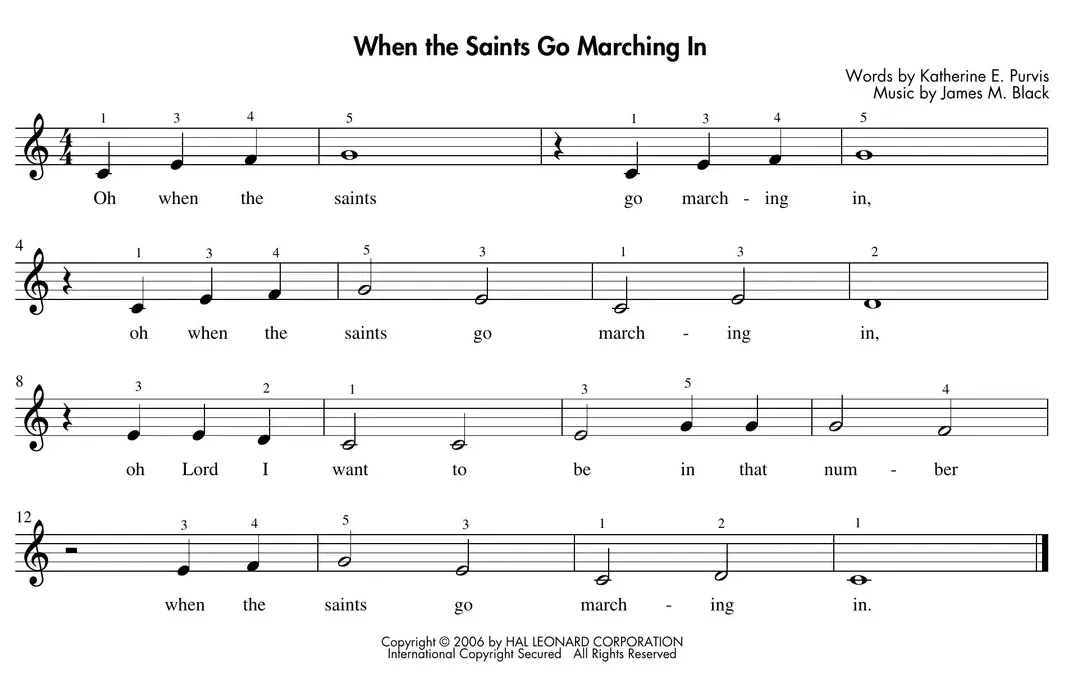 Sheet music: "When the Saints Go Marching In" with a pickup measure in C Position