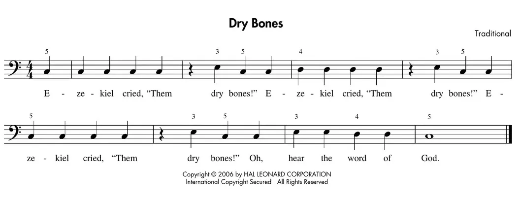 Sheet music: "Dry Bones" in left-hand C Position with a pickup measure