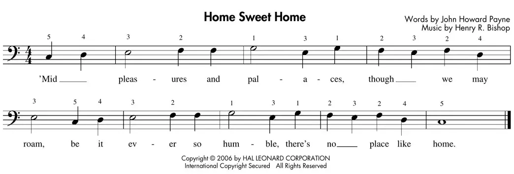 Sheet music: "Home Sweet Home" in left-hand C Position with a pickup measure