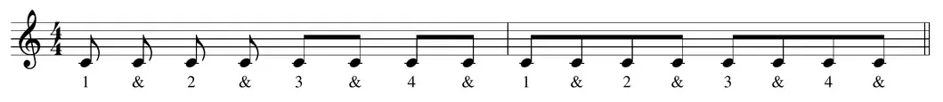 Sheet music: eighth notes notated with flags and beams, counted with "&" offbeats