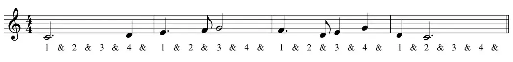 Sheet music: melody using dotted half and dotted quarter notes in 4/4 time
