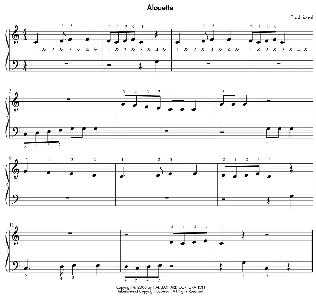 Sheet music: "Alouette" on the grand staff for both hands in C Position