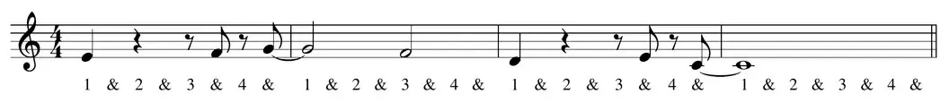 Sheet music: melody combining eighth notes and eighth rests with counting below the staff