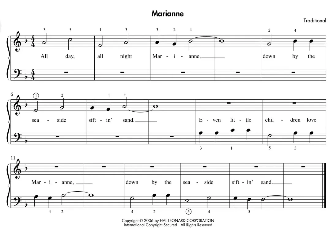 Sheet music: "Marianne" in F major with circled fingerings for out-of-position notes