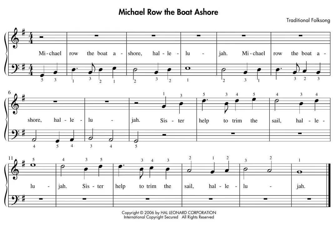 Sheet music: "Michael Row the Boat Ashore" in extended G position, key of G major