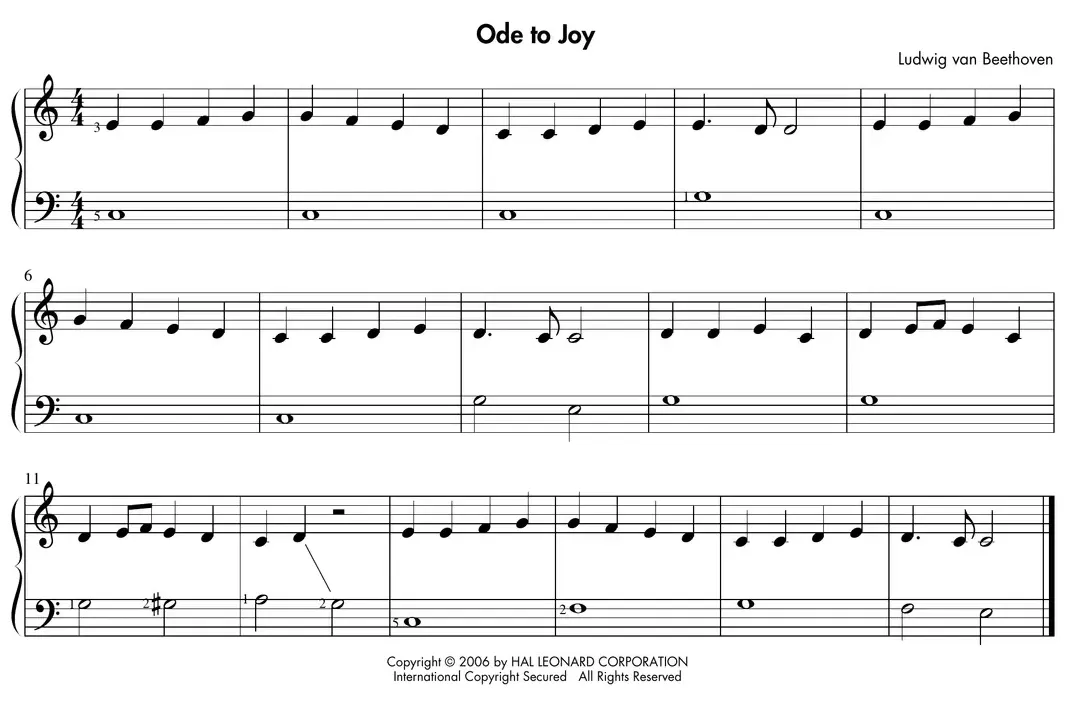 Sheet music: "Ode to Joy" melody with a single-note left-hand bass line