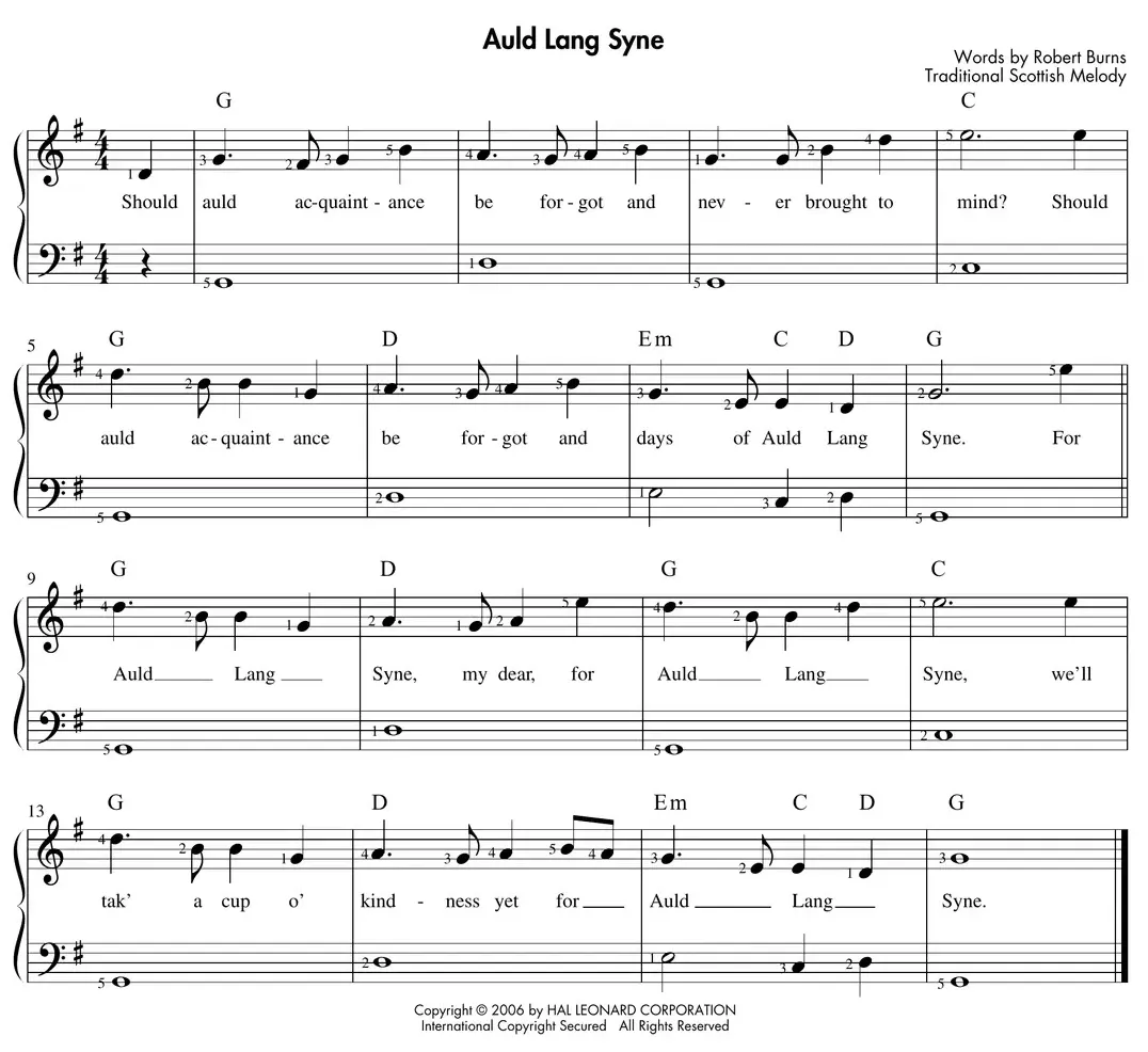 Sheet music: "Auld Lang Syne" melody with left hand playing chord roots in G Position