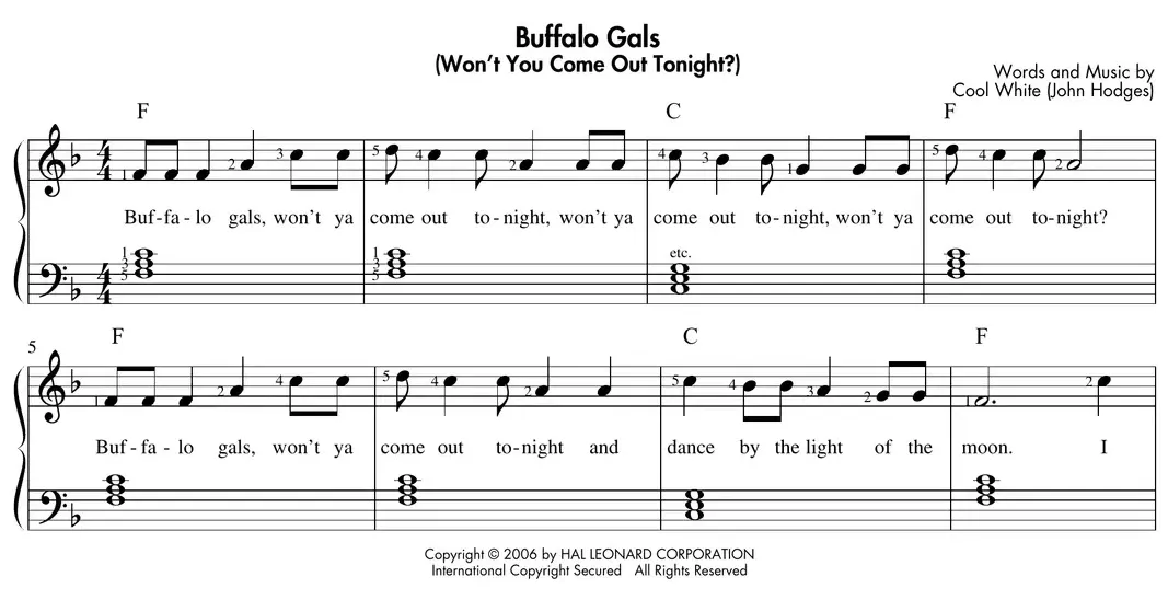 Sheet music: "Buffalo Gals" with F and C major triads in the left hand