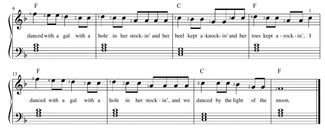 Sheet music: "Buffalo Gals" continued, left-hand root-position triads under the melody