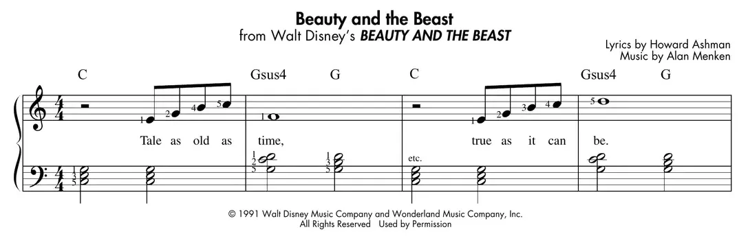 Sheet music: song in C major using I, IV, V and Gsus4 triads in the left hand
