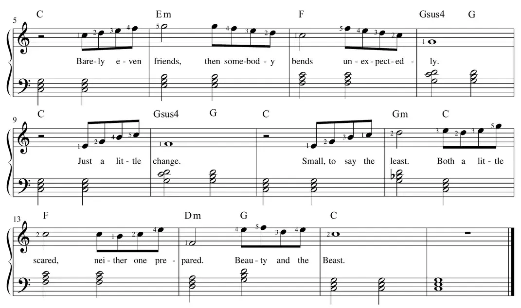 Sheet music: continued left-hand triad accompaniment with major, minor, and suspended chords