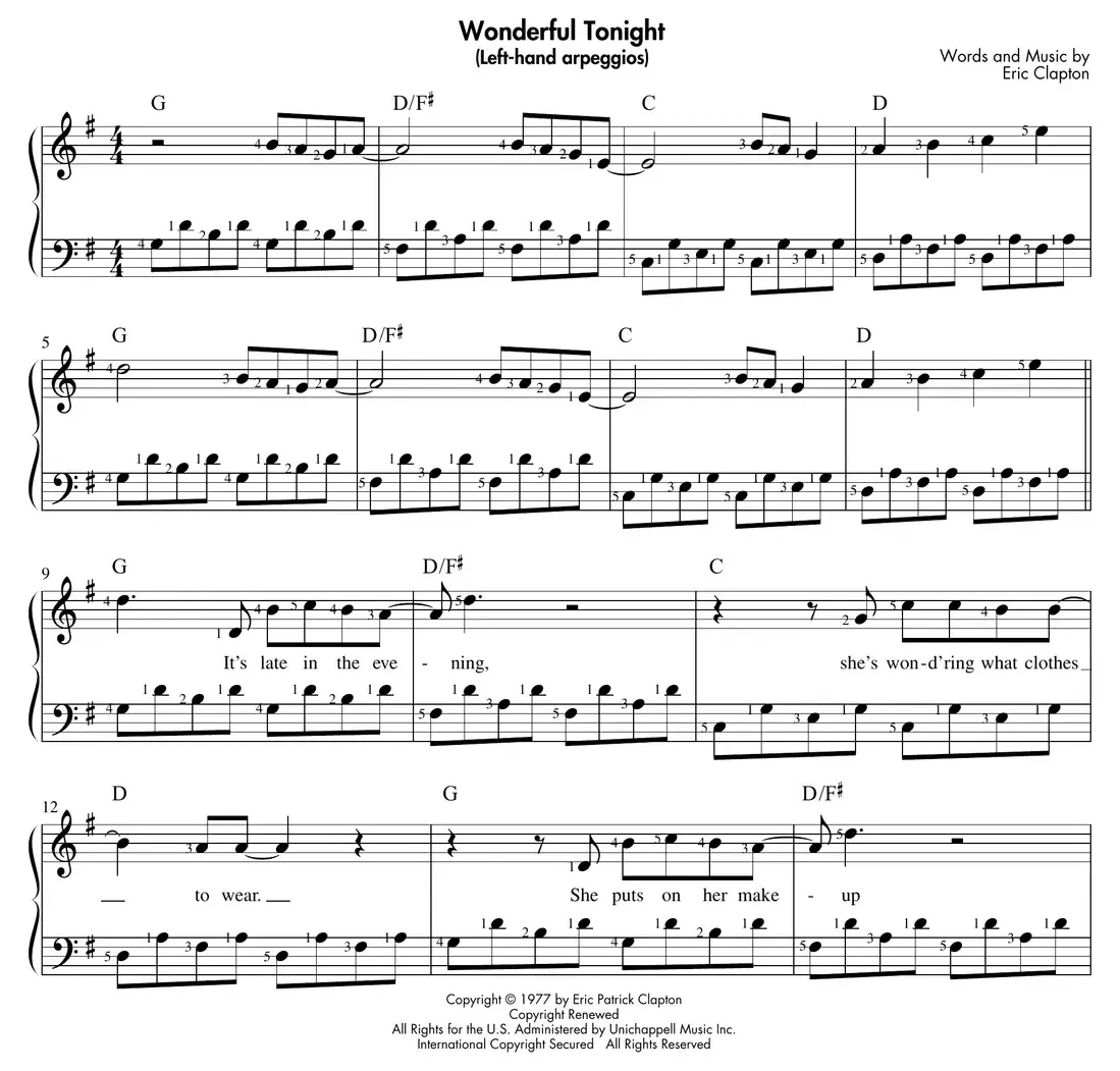 Sheet music: "Wonderful Tonight" with left-hand chords broken into arpeggios