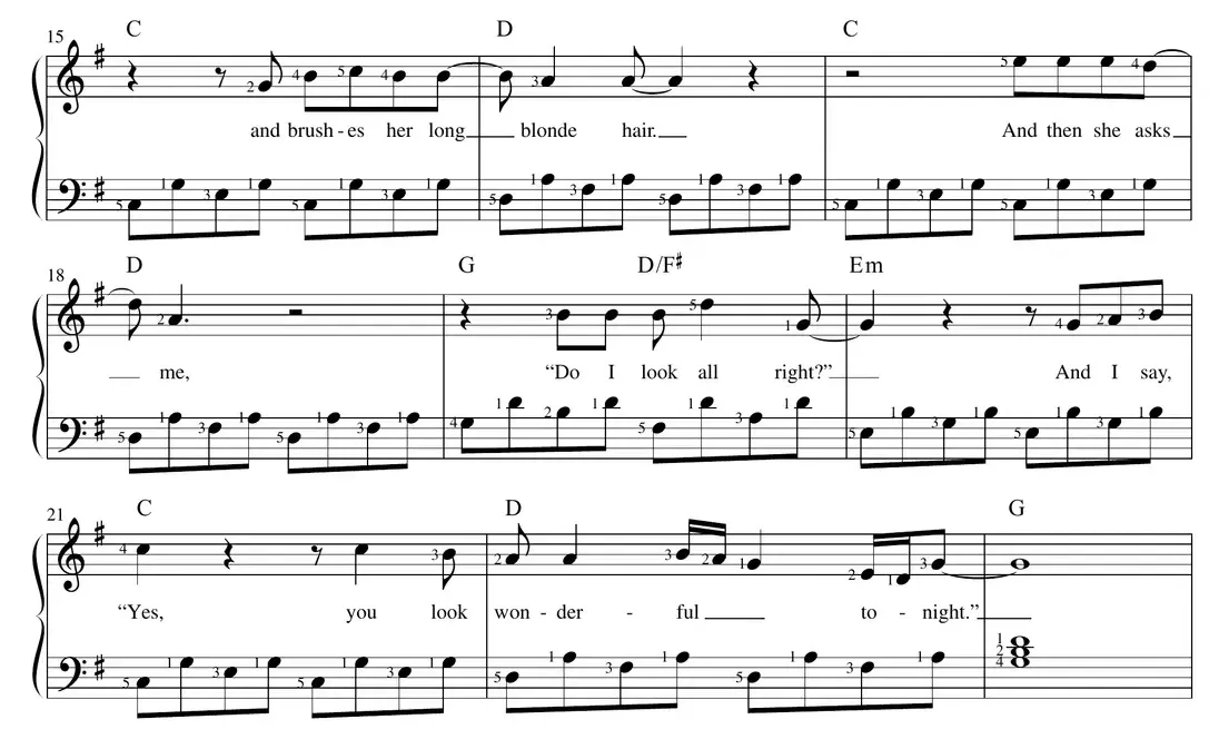 Sheet music: continuation of "Wonderful Tonight" arpeggio arrangement