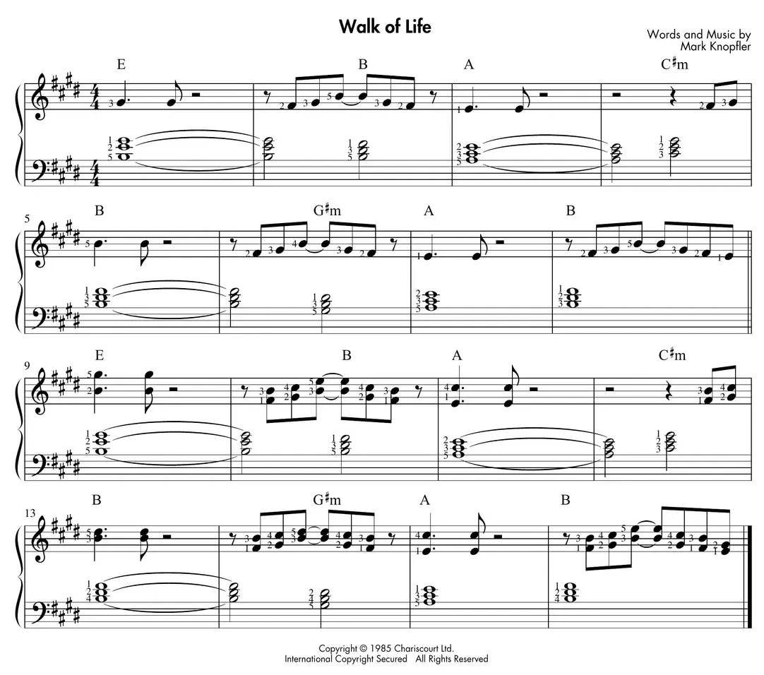 Sheet music: "Walk of Life" (Dire Straits) intro melody