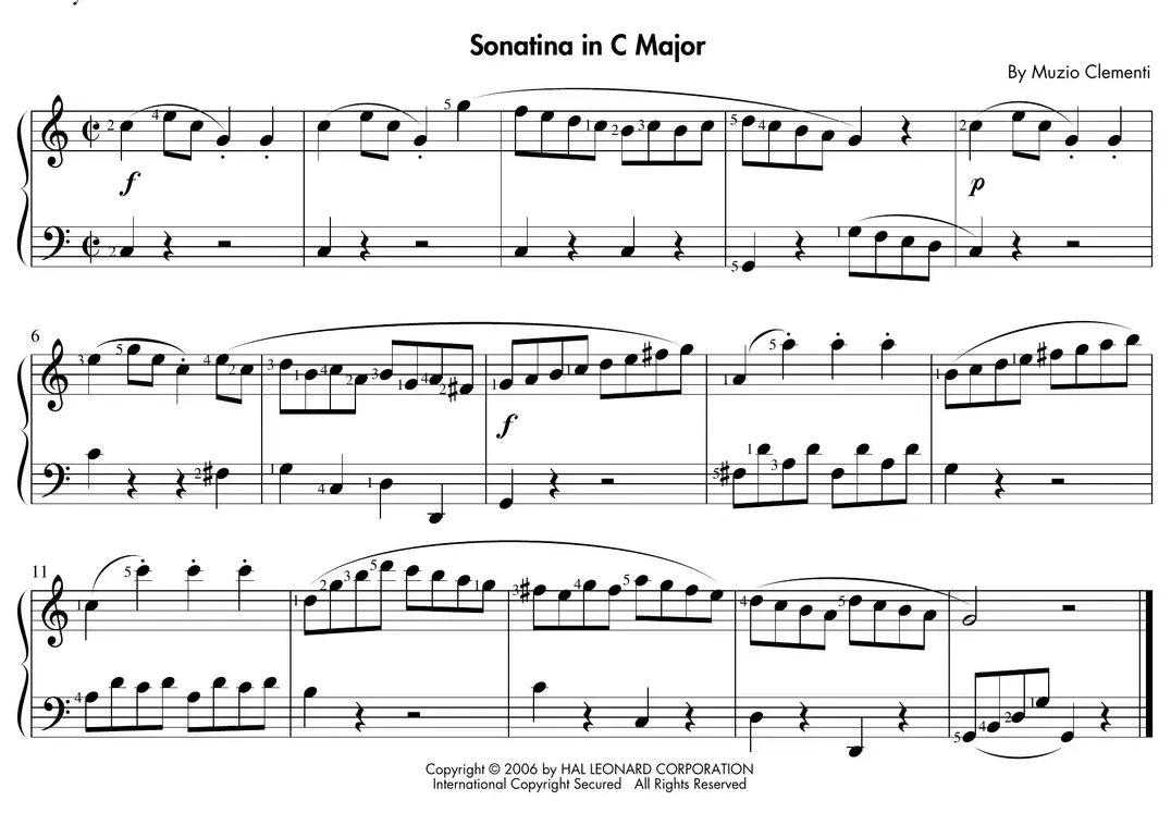 Sheet music: "Sonatina in C Major" by Clementi showing dynamics and articulations